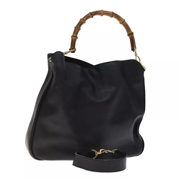 GUCCI Bamboo Hand Bag Leather 2way Black Gold - Picture 1 of 16